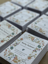Load image into Gallery viewer, custom printed seeds for funerals in white with floral illustration and personalised names 
